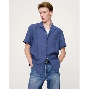 Banana Republic Linen Blend Resort Button Up Shirt Mens Medium Blue Short Sleeve